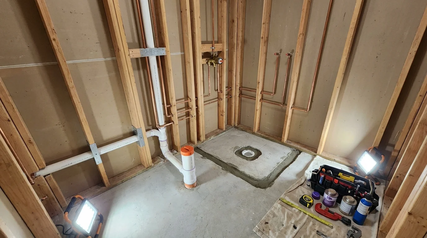 Bathroom rough-in plumbing during remodel by Johns Plumbing LLC in Gray Summit