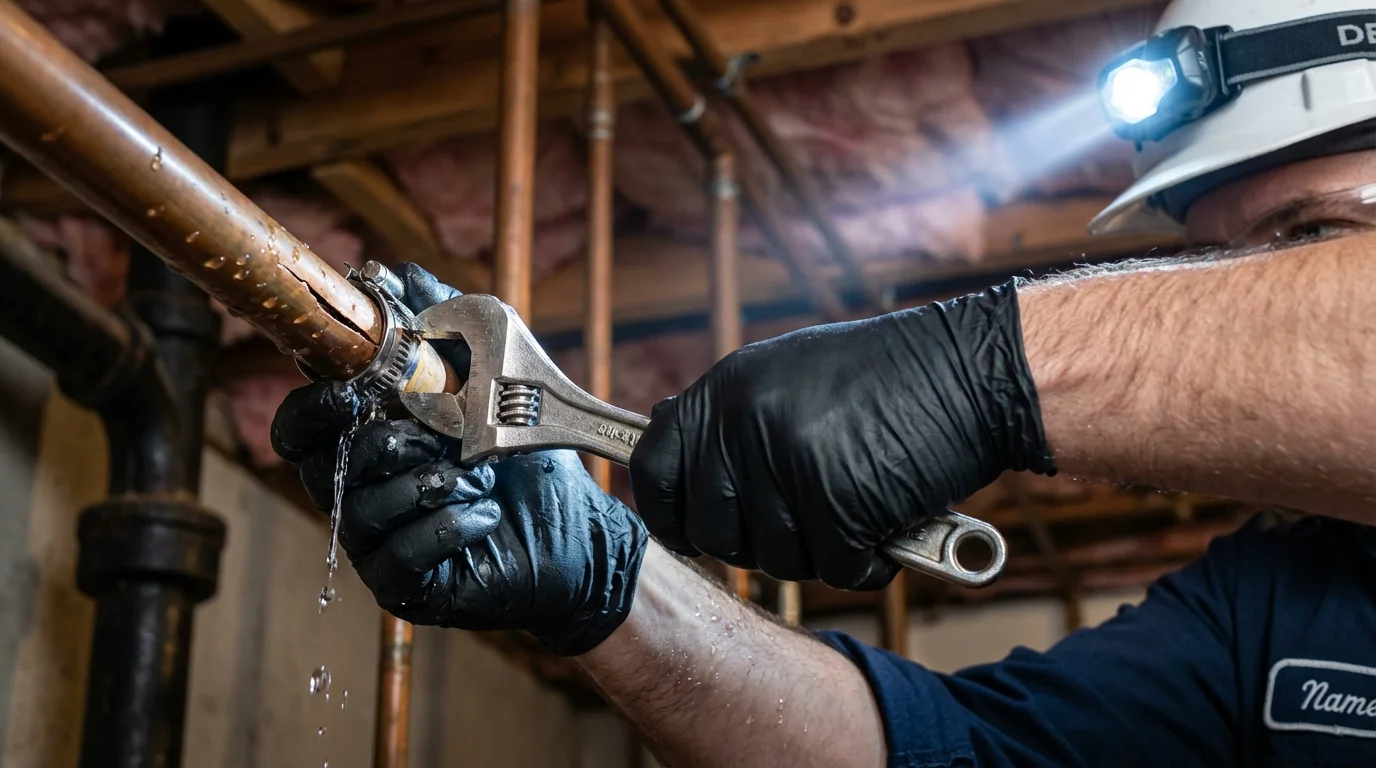 Emergency pipe clamp repair being performed by a Johns Plumbing LLC plumber in Gray Summit