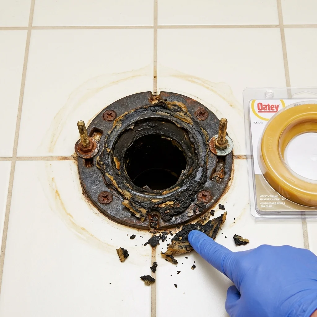 Failed wax ring showing water seepage at the base of a toilet in a Gray Summit, MO home